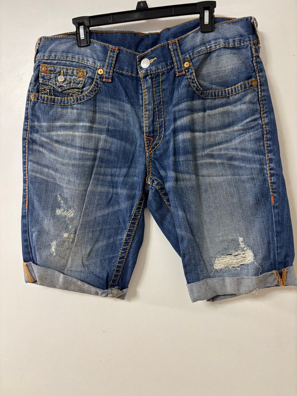 True Religion Mens Size 36 Cut Off Denim Shorts Distressed Jean Shorts Y2K